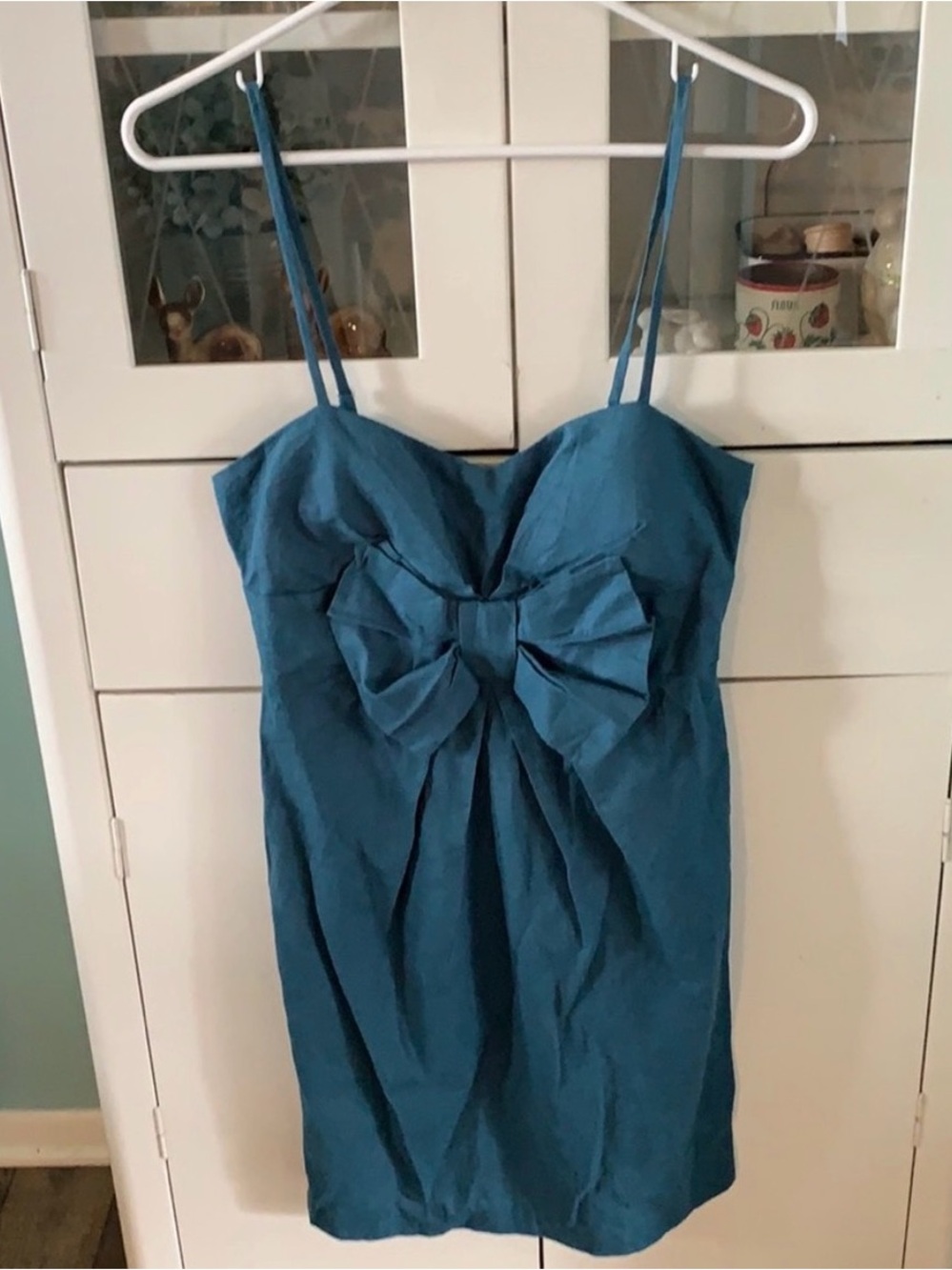 Pretty Good jr sz M Linen Teal Bow-Front Spaghetti Strap Dress euc